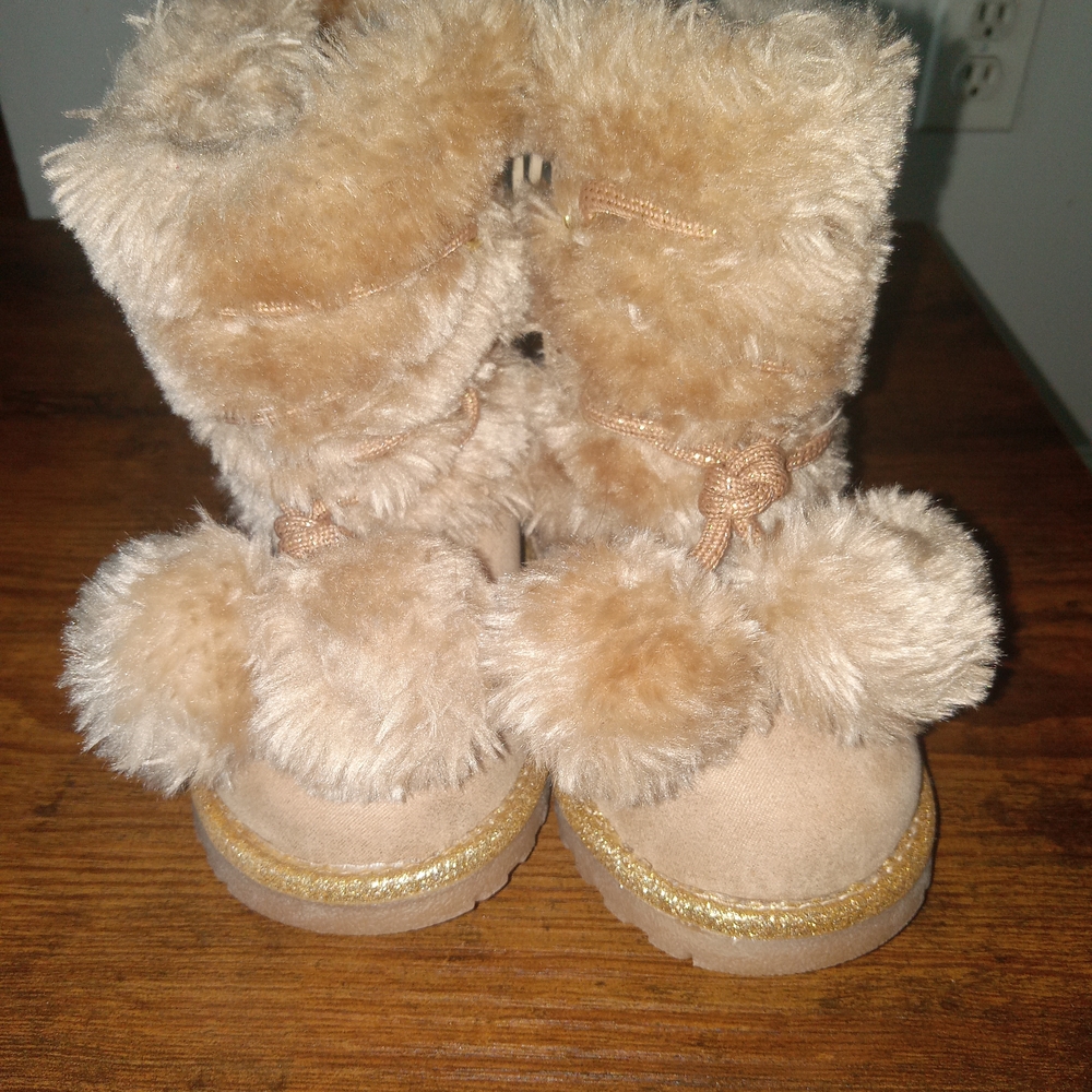 Faux Fur Tan Boots with Gold Trim